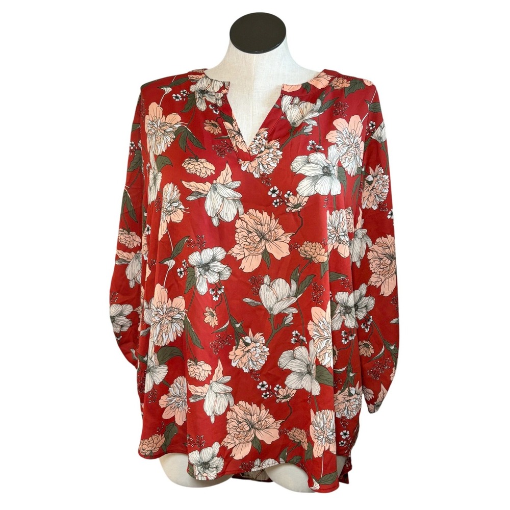Cato Women Red‎ Floral V-Neck Tunic Blouse Plus Size 22/24W Roll Tab Sleeve